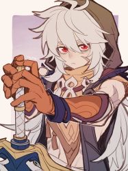Rule 34 | 1boy, absurdres, ahoge, bishounen, bone necklace, genshin impact, gloves, grey hair, highres, holding, holding weapon, jewelry, long hair, male focus, necklace, orange gloves, own hands together, razor (genshin impact), red eyes, scar, scar on arm, scar on face, sleeveless, solo, sword, upper body, vxiv4v, weapon