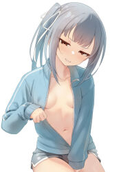 Rule 34 | 1girl, between legs, black shorts, blue jacket, blush, breasts, brown eyes, collarbone, commentary request, cowboy shot, dolphin shorts, grey hair, hair ribbon, hand between legs, highres, jacket, kantai collection, kasumi (kancolle), long hair, long sleeves, looking at viewer, naked jacket, navel, parted lips, petite, puffy long sleeves, puffy sleeves, ribbon, sakieko, short shorts, shorts, side ponytail, simple background, small breasts, smile, solo, wavy mouth, white background, white ribbon