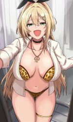 Rule 34 | 1girl, :d, animal print, blonde hair, bra, bra peek, breasts, choker, cleavage, collarbone, goddess of victory: nikke, green eyes, hair between eyes, ijinjae47815837, large breasts, leaning forward, leopard print, long hair, midriff, navel, open clothes, open mouth, open shirt, ponytail, rupee (nikke), shirt, smile, solo, thigh gap, thighlet, thighs, underwear, white shirt