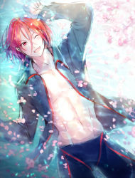 Rule 34 | 10s, 1boy, bad id, bad pixiv id, blush, cherry blossoms, free!, jacket, male focus, matsuoka rin, meiji (meiji770), one eye closed, open mouth, red eyes, red hair, sharp teeth, short hair, smile, solo, teeth, wink