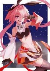 Rule 34 | 1boy, animal ears, astolfo (fate), astolfo (saber) (fate), black bow, black bowtie, black gloves, black thighhighs, bow, bowtie, chorogon, fate/grand order, fate (series), gloves, hair bow, highres, long hair, looking at viewer, male focus, multicolored hair, navel, one eye closed, pink eyes, pink hair, pleated skirt, rabbit ears, skirt, smile, solo, streaked hair, thighhighs, trap, twintails, v, white hair