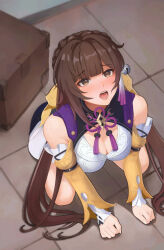 Rule 34 | 1girl, absurdres, bare shoulders, blush, box, breasts, brown eyes, brown hair, chinese clothes, fangai-anmian, hair ornament, highres, honkai: star rail, honkai (series), long hair, long sleeves, looking at viewer, medium breasts, open mouth, solo, sushang (honkai: star rail), twintails, yellow eyes