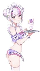 Rule 34 | 1girl, alternate costume, alternate hairstyle, ass, bikini, closed mouth, commentary request, detached sleeves, double bun, drinking straw, from side, green eyes, hair bun, highres, holding, holding tray, hololive, light purple hair, looking at viewer, maid, maid bikini, maid headdress, monon tulle, multicolored hair, murasaki shion, murasaki shion (magical girl maid), parfait, puffy short sleeves, puffy sleeves, purple hair, short hair, short sleeves, simple background, smile, solo, standing, streaked hair, swimsuit, thighhighs, tray, unconventional maid, virtual youtuber, wedgie, white background, white thighhighs, wristband