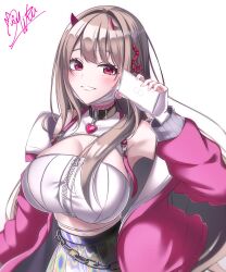 Rule 34 | 1girl, absurdres, bare shoulders, black collar, blush, breasts, cellphone, chain, choker, cleavage, collar, crop top, elbow gloves, fingerless gloves, gloves, goddess of victory: nikke, grin, hair intakes, heart collar, highres, holding, holding phone, holographic clothing, horns, jacket, large breasts, light brown hair, long hair, looking at viewer, milltyan, mole, mole under eye, nail art, nail polish, off-shoulder jacket, off shoulder, phone, pink horns, pink jacket, pleated skirt, red eyes, signature, skirt, smartphone, smile, solo, viper (nikke), white skirt, zipper, zipper pull tab
