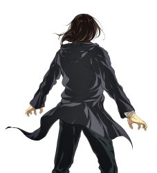 Rule 34 | 1boy, absurdres, brown hair, daisx (dais0115), eren yeager, feet out of frame, from behind, highres, hood, hooded coat, long hair, male focus, official style, pants, shingeki no kyojin, solo, standing, white background, wind
