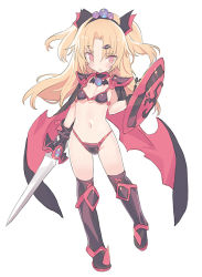 Rule 34 | 1girl, akatsuki uni, armor, bikini, bikini armor, black bikini, black choker, black footwear, black gloves, black thighhighs, blade (galaxist), blonde hair, blush, boots, choker, commentary request, fang, full body, gloves, hair between eyes, hair ornament, hairclip, holding, holding shield, holding sword, holding weapon, knee boots, long hair, looking at viewer, navel, parted bangs, parted lips, pauldrons, pink eyes, shield, shoulder armor, simple background, solo, spikes, standing, swimsuit, sword, thighhighs, thighhighs under boots, tiara, two side up, uni create, very long hair, virtual youtuber, weapon, white background