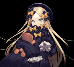 Rule 34 | 1girl, abigail williams (fate), black background, black bow, black dress, black hat, blonde hair, blue eyes, bow, commentary request, covered mouth, dress, fate/grand order, fate (series), forehead, hair bow, hat, highres, hugging object, long hair, long sleeves, looking at viewer, orange bow, parted bangs, polka dot, polka dot bow, simple background, sleeves past wrists, solo, stuffed animal, stuffed toy, tadaomi (amomom), teddy bear, very long hair