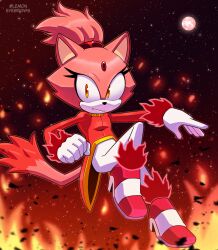 Rule 34 | 1girl, absurdres, animal ears, blaze the cat, burning blaze, cat ears, cat girl, cat tail, embers, fire, forehead jewel, furry, furry female, gloves, highres, jacket, lemon eyebrows, looking at viewer, pink footwear, pink fur, ponytail, red jacket, sonic (series), tail, white gloves, yellow eyes