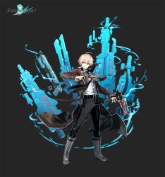 Rule 34 | 1boy, antenna hair, black background, black pants, blonde hair, boots, coat, erwin arclight, full body, green eyes, gun, highres, holding, holding gun, holding weapon, logo, looking at viewer, multicolored clothes, official art, pants, shirt, smile, solo, soulworker, weapon, white shirt