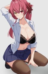 Rule 34 | 1girl, blue skirt, bra, breasts, cleavage, highres, hololive, houshou marine, large breasts, looking at viewer, open clothes, red eyes, red hair, shirt, skirt, smile, solo, twintails, underwear, virtual youtuber, white shirt, yellow eyes, zeropen