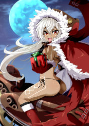 Rule 34 | 1girl, ass, azur lane, bikini, bikini under clothes, black bikini, black socks, blue moon, blush, bodypaint, boots, breasts, cape, commentary request, crossed bangs, dark-skinned female, dark skin, elbow gloves, facepaint, feet out of frame, full moon, fur-trimmed boots, fur-trimmed cape, fur-trimmed gloves, fur trim, gift, gloves, hair between eyes, holding, holding gift, hood, hood up, hooded cape, houshi, long hair, looking at viewer, looking to the side, medium breasts, minneapolis (azur lane), minneapolis (holy night ride) (azur lane), moon, official alternate costume, open mouth, red cape, red eyes, red footwear, red gloves, side-tie bikini bottom, sideboob, sled, smile, socks, solo, swimsuit, very long hair, white hair