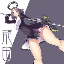Rule 34 | 10s, 1girl, breasts, covered erect nipples, covered navel, dress, from below, glaive (polearm), gloves, halo, herio, kantai collection, looking at viewer, mechanical halo, mole, mole under eye, parted lips, polearm, purple eyes, purple hair, short hair, simple background, solo, standing, tatsuta (kancolle)