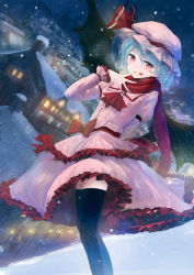 Rule 34 | 1girl, :p, adapted costume, ascot, bat wings, black thighhighs, blue hair, blush, building, cityscape, dress, finger to mouth, frills, hat, hat ribbon, highres, house, long sleeves, looking at viewer, mob cap, night, pink dress, puffy sleeves, red eyes, remilia scarlet, ribbon, sash, scarf, short hair, smile, snow, snowing, solo, thighhighs, tongue, tongue out, touhou, wings, you (shimizu), zettai ryouiki