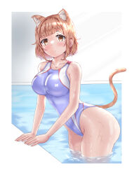 Rule 34 | 1girl, animal ears, breasts, brown eyes, cat ears, cat tail, collarbone, commentary request, competition swimsuit, cowboy shot, extra ears, grey one-piece swimsuit, highleg, highleg swimsuit, highres, light brown hair, mashinatsu, medium breasts, one-piece swimsuit, original, pool, poolside, short hair, solo, swimsuit, tail, wading, water, wet, wet clothes, wet swimsuit
