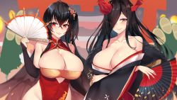 Rule 34 | 2girls, absurdres, ahoge, alternate costume, azur lane, bamboo, bare shoulders, black hair, black kimono, blush, breasts, bridal gauntlets, china dress, chinese clothes, cleavage, cleavage cutout, clothing cutout, collarbone, covered navel, crossed arms, crossed bangs, dress, fingernails, flower, friedrich der grosse (azur lane), friedrich der grosse (dark raiments of gagaku) (azur lane), fur-trimmed kimono, fur trim, groin, hair flower, hair ornament, hair over one eye, hand fan, hand up, highres, holding, holding fan, huge breasts, huge filesize, japanese clothes, kimono, kuavera, lips, lipstick, long fingernails, long hair, looking at viewer, makeup, multiple girls, nail polish, new year, no panties, off shoulder, official alternate costume, one side up, parted lips, raised eyebrow, red dress, red eyes, red flower, red lips, red nails, shiny skin, sidelocks, skindentation, smile, taihou (azur lane), taihou (phoenix&#039;s spring song) (azur lane), very long hair, wide sleeves, yellow eyes