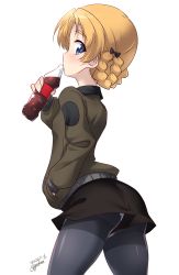 Rule 34 | 1girl, artist name, ass, black pantyhose, black shorts, blue eyes, blush, bow, braid, breasts, dated, drinking, girls und panzer, hair bow, hair ornament, highres, kuzuryuu kennosuke, looking at viewer, looking back, orange hair, orange pekoe (girls und panzer), panties, panties under pantyhose, pantyhose, shorts, simple background, small breasts, soda bottle, solo, standing, underwear, white background, white panties