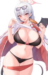Rule 34 | 1girl, :p, ahoge, black bra, black panties, blue archive, bow, bow panties, bra, breasts, buruma, clothes lift, commentary, corn dog, cowboy shot, demon wings, food, hands up, haruna (blue archive), haruna (track) (blue archive), highres, holding, holding food, jacket, jacket on shoulders, kuavera, large breasts, lifted by self, long hair, looking at viewer, navel, panties, red buruma, red eyes, shirt, shirt lift, simple background, smile, solo, standing, stomach, tail, thick thighs, thighs, tongue, tongue out, underwear, very long hair, white background, white hair, white shirt, wings