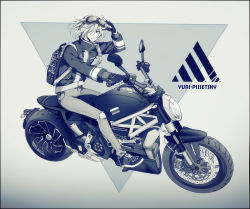 Rule 34 | 10s, 1boy, animal print, backpack, bag, black border, border, character name, denim, fingerless gloves, gloves, goggles, goggles on head, greyscale, hair over one eye, jacket, jeans, lei yaya, leopard print, male focus, monochrome, motor vehicle, motorcycle, open mouth, pants, riding, ripped jeans, torn clothes, yuri!!! on ice, yuri plisetsky