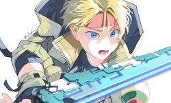 Rule 34 | 1boy, anime coloring, blonde hair, blue eyes, claude kenni, gloves, headband, highres, hood, hooded jacket, jacket, male focus, open mouth, shiohi, simple background, solo, star ocean, star ocean the second story, sword, weapon, white background