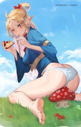 Rule 34 | 1girl, ahoge, barefoot, blonde hair, blue robe, blue sky, closed mouth, cloud, cloudy sky, commentary, day, dungeon meshi, eating, elf, english commentary, food, grass, green eyes, highres, holding, holding food, holding pizza, liremi, long hair, looking at viewer, marcille donato, mushroom, one eye closed, outdoors, panties, pizza, pointy ears, robe, sky, solo, underwear, very long hair, white panties