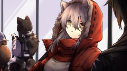 Rule 34 | 1boy, 3girls, absurdres, animal ears, animal hands, arknights, bag, black jacket, black pants, brown hair, carrying, chipmunk tail, commentary, fur-trimmed hood, fur trim, grey hair, grey shirt, hair between eyes, hat, highres, holding, hood, if f, jacket, looking at viewer, multiple girls, open clothes, open jacket, out of frame, pants, phantom (arknights), ponytail, projekt red (arknights), raccoon ears, raccoon girl, raccoon tail, red jacket, red scarf, robin (arknights), scarf, shaw (arknights), shirt, shoulder bag, shoulder carry, sidelocks, tail, upper body, white headwear, white shirt, window, yellow eyes