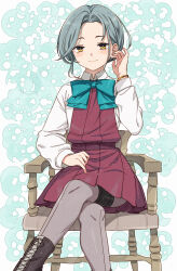 Rule 34 | 1girl, absurdres, aqua bow, aqua bowtie, blush, boots, bow, bowtie, closed mouth, collared shirt, commission, cross-laced footwear, crossed legs, dress, feet out of frame, grey hair, grey pantyhose, highres, kanmiya shinobu, kantai collection, lace-up boots, long sleeves, pantyhose, pleated dress, purple dress, shirt, short hair, sitting, skeb commission, smile, solo, tamanami (kancolle), white shirt, yellow eyes