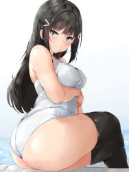 Rule 34 | 1girl, absurdres, arm under breasts, black hair, black thighhighs, blunt bangs, blush, breasts, closed mouth, commentary request, crossed legs, gradient background, green eyes, hair ornament, highres, kurosawa dia, long hair, looking at viewer, love live!, love live! sunshine!!, medium breasts, mole, mole under mouth, one-piece swimsuit, poolside, shinonon (iso shino), sitting, smile, solo, swimsuit, thighhighs, thighs, white background, white one-piece swimsuit