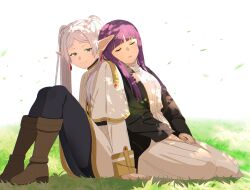 Rule 34 | 2girls, capelet, closed eyes, dress, earrings, elf, fern (sousou no frieren), frieren, grass, green eyes, highres, hikentai0112, jewelry, long hair, long sleeves, looking at viewer, lying, multiple girls, official style, parted bangs, pointy ears, purple hair, sleeping, smile, sousou no frieren, twintails, white dress, white hair