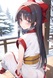 1girl ainu_clothes arm_support ass bent_over black_hair blue_eyes blush fingerless_gloves from_behind gloves hair_ribbon half-closed_eyes highres legs looking_at_viewer nakoruru pants ribbon samurai_spirits see-through_clothes snk snow snowing solo the_king_of_fighters thighs