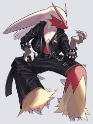 Rule 34 | animal focus, belt, black jacket, black pants, blaziken, blaziken (punk), blue eyes, bracelet, claws, closed mouth, clothed pokemon, colored sclera, commentary request, creatures (company), game freak, gen 3 pokemon, highres, invisible chair, jacket, jewelry, kuchiba (jret2454), nintendo, no humans, open clothes, open jacket, pants, pokemon, pokemon (creature), pokemon unite, signature, sitting, solo, spiked bracelet, spikes, white background, yellow sclera