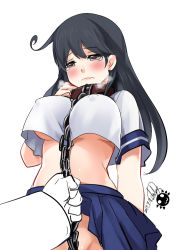 Rule 34 | 10s, 1boy, 1girl, adapted costume, admiral (kancolle), antenna hair, between breasts, blue hair, breasts, breath, brown eyes, chain, chain between breasts, chain leash, clothes lift, covered erect nipples, crop top, crop top overhang, darkmaya, from below, kantai collection, large breasts, leash, leash pull, long hair, midriff, nipples, no bra, no panties, pleated skirt, school uniform, skirt, skirt lift, underboob, ushio (kancolle), viewer holding leash