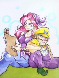 Rule 34 | 1boy, 1girl, back-to-back, bandana, bare shoulders, breasts, captain syrup, cleavage, crossed legs, drooling, earrings, facial hair, gloves, height difference, jewelry, light smile, long hair, map, mario (series), muscular, mustache, nintendo, omu (sinsindan), red eyes, red hair, ribbon, sitting, sleeping, sleeping on person, sleeping upright, wario, wario land, wario land: shake it!, white gloves, wrist ribbon