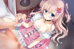 Rule 34 | 1boy, 1girl, artist request, bed, blue eyes, blush, bow, breasts, breasts out, brown hair, censored, clothed sex, collar, collarbone, dress, flower knight girl, frills, game cg, hair bow, hetero, holding hands, kalmia (flower knight girl), long hair, medium breasts, mosaic censoring, multiple hair bows, nipples, official art, penis, pillow, pink bow, pink dress, red bow, sex, spread legs, two side up, vaginal, wide spread legs