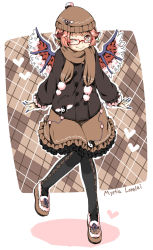 Rule 34 | 1girl, adapted costume, alternate costume, animal ears, argyle, argyle background, argyle clothes, argyle legwear, bespectacled, blush, brown scarf, character name, coat, earrings, female focus, fingernails, full body, glasses, hat, heart, hoop earrings, jacket, jewelry, liminarity, long fingernails, looking at viewer, mystia lorelei, nail polish, one eye closed, pantyhose, pink eyes, pink hair, red-framed eyewear, scarf, shoes, short hair, smile, solo, touhou, wings, wink, yin yang