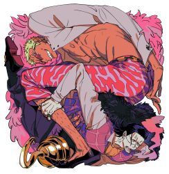 Rule 34 | 2boys, anger vein, ascot, bbly ff, black coat, black hair, blonde hair, cigar, coat, crocodile (one piece), donquixote doflamingo, feather coat, fur coat, grin, hair rings, hand on another&#039;s leg, highres, hook hand, leg hair, looking at another, male focus, multiple boys, muscular, muscular male, one piece, open clothes, orange ascot, pink coat, red vest, scar, scar on face, shirt, short hair, skull and crossbones, smile, smoke, sunglasses, teeth, vest, white shirt