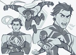 Rule 34 | 1boy, bodysuit, cheekbones, claws, collarbone, constricted pupils, eis (eiseisbb), fangs, fingernails, food, greyscale, hair slicked back, hexagon, highres, lightning bolt symbol, looking at viewer, male focus, marvel, mask, miguel o&#039;hara, monochrome, multiple views, muscular, muscular male, open mouth, sharp fingernails, sideways glance, simple background, skin tight, smile, sparkle, spider-man: across the spider-verse, spider-man (2099), spider-man (series), spider-verse, spoken food, wide-eyed