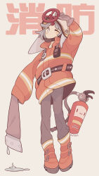 Rule 34 | 1girl, arm up, artist name, belt, belt boots, blush stickers, boots, chin strap, fire extinguisher, firefighter, firefighter jacket, full body, gloves, grey eyes, grey gloves, grey hair, grey pants, helm, helmet, highres, hose, jacket, long sleeves, looking at viewer, ninnin14, object on head, one eye closed, orange footwear, orange jacket, original, pants, puddle, short hair, single glove, sleeves past wrists, solo, standing, surreal, walkie-talkie, water