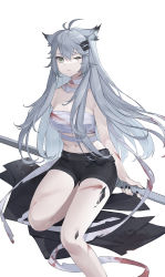 Rule 34 | 1girl, animal ears, antenna hair, arknights, bandages, bare legs, bare shoulders, black nails, black shorts, breasts, chest sarashi, foot out of frame, grey eyes, hair ornament, hairclip, highres, holding, holding sword, holding weapon, lappland (arknights), large breasts, long hair, looking at viewer, material growth, midriff, nail polish, navel, oripathy lesion (arknights), sarashi, scar, scar across eye, scar on face, shanzi jun, short shorts, shorts, silver hair, simple background, sitting, solo, strapless, sword, thighs, tube top, very long hair, weapon, white background, wolf ears