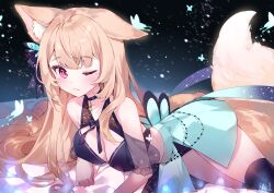 Rule 34 | 1girl, ;), animal ears, bare shoulders, black thighhighs, blush, breasts, brown hair, bug, butterfly, butterfly hair ornament, cheli (kso1564), cleavage, closed mouth, copyright request, fox ears, fox girl, fox tail, hair ornament, highres, insect, long hair, looking at viewer, medium breasts, mole, mole under eye, one eye closed, see-through, smile, solo, tail, thighhighs, very long hair, virtual youtuber