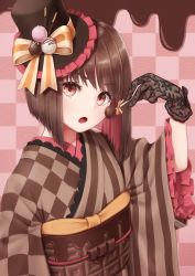 Rule 34 | 1girl, :o, black hat, bow, brown hair, brown kimono, brown sash, checkered background, checkered clothes, checkered kimono, commentary request, food, frilled sleeves, frills, gloves, hand up, hat, hat bow, highres, holding, holding food, japanese clothes, kimono, long sleeves, looking at viewer, obi, open mouth, original, pink background, pink eyes, pocky, sash, short hair, solo, striped clothes, striped kimono, top hat, torinari (dtvisu), upper body, valentine, wide sleeves, yellow bow