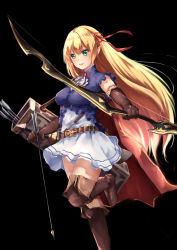 Rule 34 | 1girl, :d, arisa (shadowverse), arrow (projectile), belt, black background, blonde hair, blue shirt, boots, bow (weapon), breasts, brown belt, brown footwear, brown gloves, brown thighhighs, cape, chahei, commentary request, elbow gloves, elf, gloves, green eyes, hair between eyes, hair ribbon, hairband, highres, holding, holding arrow, holding bow (weapon), holding weapon, long hair, medium breasts, open mouth, outstretched arm, pointy ears, quiver, red cape, red hairband, red ribbon, ribbon, round teeth, shadowverse, shirt, short sleeves, sidelocks, simple background, skirt, smile, solo, standing, standing on one leg, teeth, thigh boots, thighhighs, upper teeth only, very long hair, weapon, white skirt