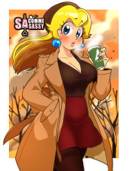 Rule 34 | 1girl, artist logo, artist name, bare tree, beanie, black pantyhose, black shirt, blonde hair, blue eyes, blush, border, breasts, breath, brown coat, brown hat, cleavage, cloud, coat, coffee cup, collarbone, cup, disposable cup, earrings, eyelashes, fingernails, floating hair, hair strand, hand in pocket, hand up, hat, high-waist skirt, highres, holding, holding cup, jewelry, large breasts, lips, long hair, looking at viewer, mario (series), nintendo, open clothes, open coat, orange background, pantyhose, parted lips, pink lips, pocket, princess peach, red skirt, sasa tseng, shirt, skirt, solo, steam, super mario bros. 1, taut clothes, taut shirt, tree, trench coat, white border