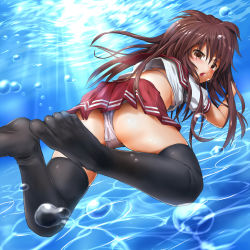 Rule 34 | 1girl, ass, bad id, bad pixiv id, black thighhighs, blastbeat, blowing bubbles, blush, brown eyes, brown hair, bubble, feet, foot focus, freediving, from behind, highres, long hair, looking back, no shoes, open mouth, panties, pantyshot, pleated skirt, pool, skirt, solo, sunlight, thighhighs, toes, underwater, underwear, upskirt, white panties
