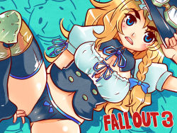 Rule 34 | 1girl, blonde hair, blue eyes, bow, bow panties, braid, breasts, cleavage, fallout (series), fallout 3, female focus, goggles, hat, kirisame marisa, knee pads, navel, panties, solo, thighhighs, touhou, tsuutenkaaku, underwear, vault boy, witch, witch hat