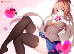 Rule 34 | 1girl, artist name, black thighhighs, blush, bow, breasts, closed mouth, crossed legs, doki doki literature club, feet out of frame, hair bow, heart, heart background, long hair, long sleeves, looking at viewer, medium breasts, miniskirt, monika (doki doki literature club), nanoless, neck ribbon, patreon logo, pleated skirt, ponytail, red ribbon, ribbon, school uniform, shiny clothes, shiny skin, sidelocks, sitting, skirt, smile, solo, thighhighs, very long hair, white bow
