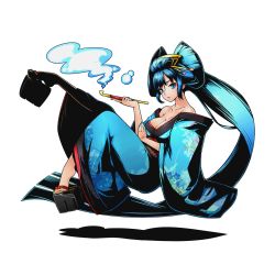 Rule 34 | 10s, 1girl, bare shoulders, blue eyes, blue hair, blue nails, breasts, cleavage, collarbone, divine gate, full body, hair ornament, holding, japanese clothes, kimono, large breasts, long hair, looking at viewer, nail polish, official art, oiran, platform clogs, solo, transparent background, ucmm, very long hair, yukata