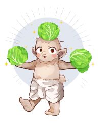 Rule 34 | 1boy, :3, balancing on head, barefoot, bbf2eo9d0rfx9sa, blush stickers, body fur, child, dungeon meshi, excited, food, food on head, full body, highres, holding, holding food, holding vegetable, loincloth, looking at viewer, male focus, object on head, open mouth, orc, outstretched arms, pointy ears, red eyes, soles, solo, spread arms, standing, standing on one leg, tail, topless male, vegetable, white background, zon&#039; son (dungeon meshi)