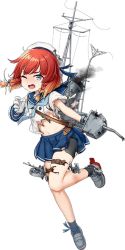 Rule 34 | 10s, 1girl, artist request, belly, belt, blue eyes, etorofu (kancolle), full body, gloves, hat, kantai collection, machinery, official art, one eye closed, open mouth, red hair, sailor hat, school uniform, serafuku, shirt, shoes, short hair, socks, solo, torn clothes, transparent background