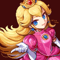 Rule 34 | 1girl, artist name, blonde hair, blue eyes, blue gemstone, closed mouth, commentary request, crown, dress, earrings, elbow gloves, floating hair, gem, gloves, hair between eyes, hand up, hiroita, jewelry, long hair, looking at viewer, lowres, mario (series), mini crown, nintendo, pink dress, pixel art, princess peach, puffy short sleeves, puffy sleeves, red background, red gemstone, short sleeves, sidelocks, simple background, smile, solo, sphere earrings, the super mario bros. movie, upper body, white gloves