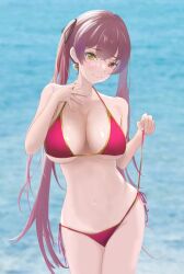 Rule 34 | 1girl, bare shoulders, bikini, black ribbon, blurry, blurry background, breasts, closed mouth, commentary request, cowboy shot, earrings, hair ribbon, hand up, heart, heart earrings, heterochromia, highres, holding strap, hololive, houshou marine, houshou marine (summer), jewelry, kyapikyapu, large breasts, long hair, navel, ocean, red eyes, red hair, ribbon, side-tie bikini bottom, smile, solo, stomach, swimsuit, twintails, very long hair, virtual youtuber, yellow eyes